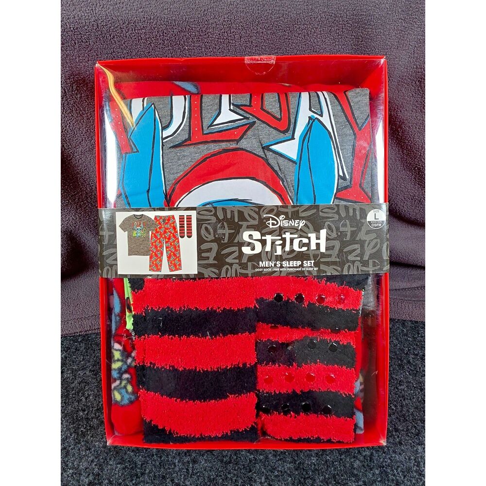 Disney Stitch Men's Large Holiday Pajama Sleep Set Shirt Pants Socks NWT 3 Piece